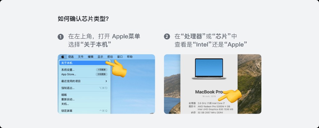 在 Apple 菜单选择关于本机，并在处理器或芯片信息中确认是 Intel 还是 Apple 芯片