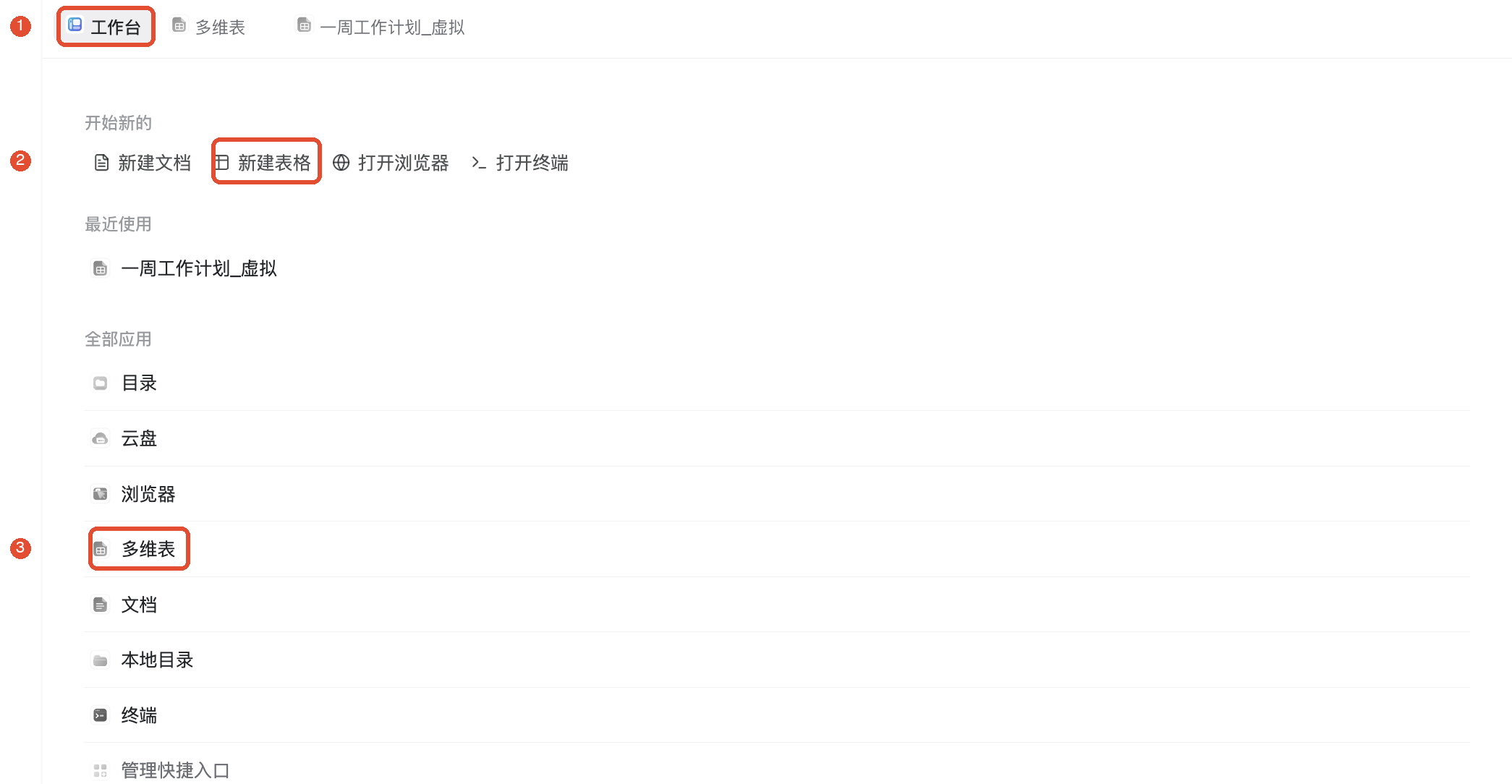 ①进入工作台;②新建表格;③打开已有多维表。